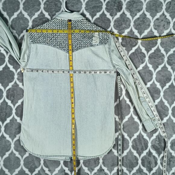 AllSaints Raine Denim Shirt Womens 0 Blue Hand Embellished Distressed Beaded - Picture 4 of 14